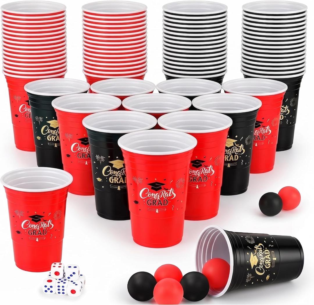 60PCS Pong Game Set, 16 Oz Disposable Plastic Party Cups for Cup Pong Games, College Parties & Graduation Celebrations - Red & Black