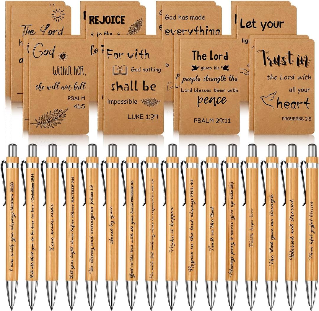 Funrous 32 Pcs Motivational Quote Pens Inspirational Notepads Mini Journal with Ballpoint Pen Small Notebooks Gift for Men Women Coworker Adult Party Favors Prize Teacher Student Office(Bible)