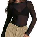 WIHOLL Womens Fashion 2024 Sheer Long Sleeve Black Mesh Long Sleeve See Through Y2K Sexy Lightweight Tees XL