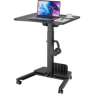 BONTEC Mobile Standing Desk Adjustable Height, Rolling Laptop Cart with Storage Shelf, Hooks, Portable Workstation with Pneumatic Lift, Ergonomic Compact Home Office Desk, Black 23.6" x 20.5"