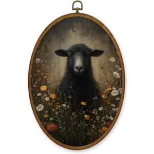 MZKZCHFE Vintage Black Sheep Oval Wall Art Decor, Moody Dark Academia Deer Oval Canvas Prints Framed, Cottagecore Botanical Animal Wall Decor for Home Bedroom Living Room Decorations, 8.6x11.4 Inches