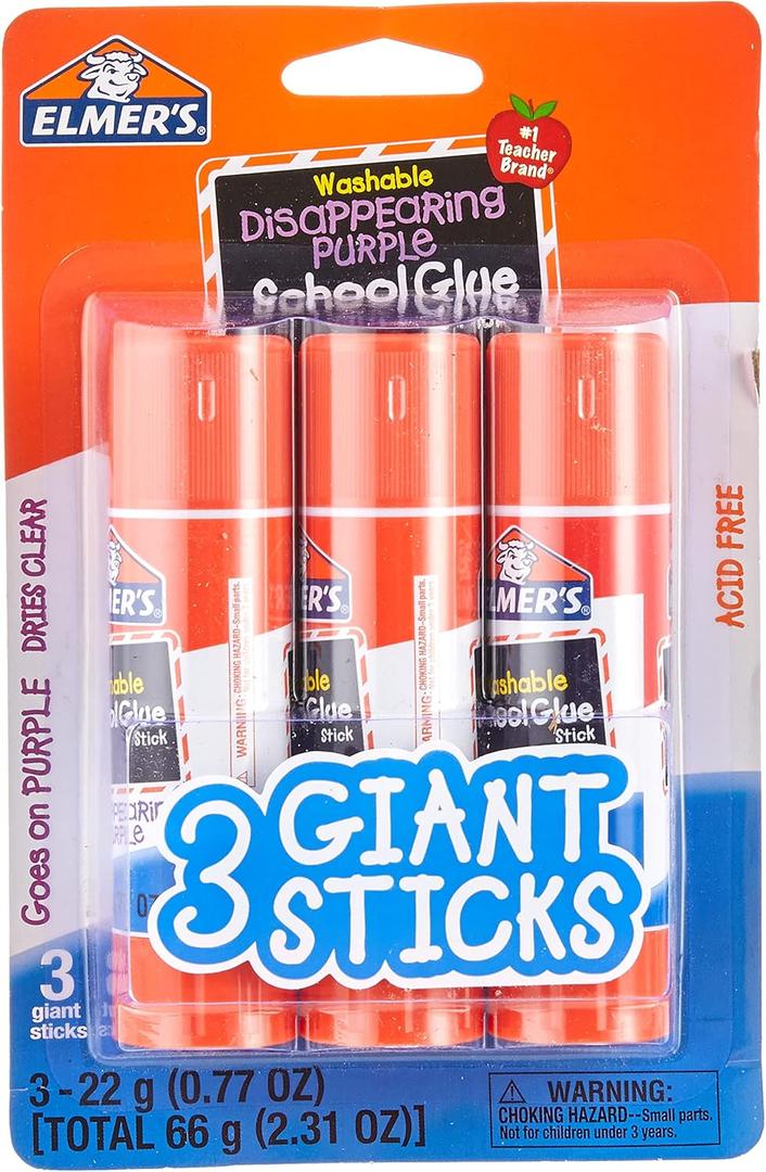 Elmer's Disappearing Purple School Glue Sticks, Washable, 22 Grams, Set of 3 Sticks