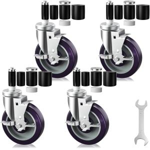 5 Inch Expanding Stem Caster Wheels Set of 4 for Table Legs, Expandable Stem Caster All with Brake Fit 7/8", 1", 1-1/2" and 1-5/8" Inner Diameter Tube Leg Adapter Caster