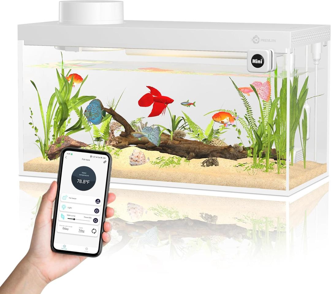 Smart Fish Tank Aquarium Kit with APP Control and Auto Feeder - 1.5 Gal Fish Tank Multi-Layer Filtration System Silent Pump & UHD Glass - 16 Million DIY Colors Includes Mini Magnetic Scrubber Scraper (White)