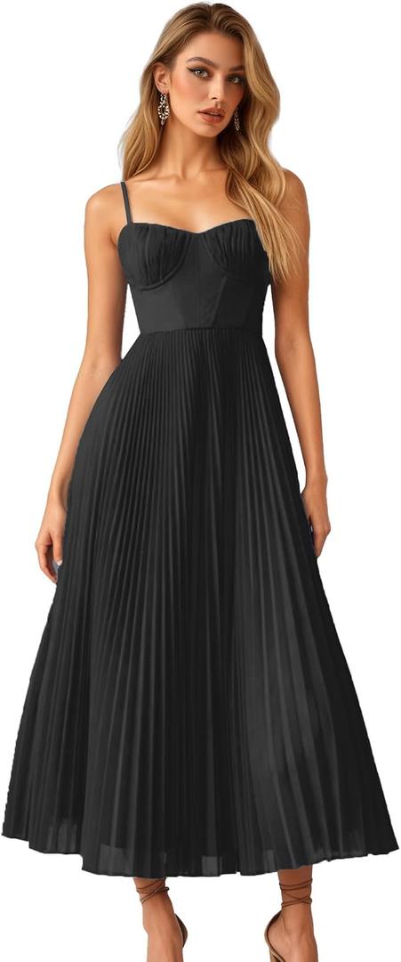 Womens Pleated A-Line Ruched Sleeveless Prom Dress Adjustable Spaghetti Strap Backless Party Gown Dress, XL