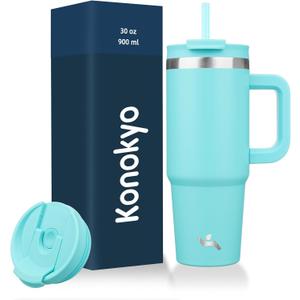 30 oz Tumbler with Handle and 2 Straws,2 in 1 Lid Insulated Water Bottle Stainless Steel Travel Coffee Mug,Turquoise (30 Ounces)