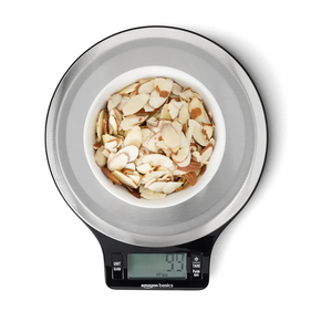 Amazon Basics Digital Kitchen Scale with LCD Display, Tare Function, Multiple Units, Weighs up to 11 Pounds, Batteries Included, Black and Stainless Steel