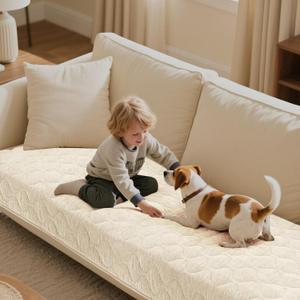Turquoize Couch Cover for Dogs Washable Non-Slip Couch Covers for 3 Cushion Couch Sofa Pet Friendly Quilted Thick Chenille Sofa Slipcover Furniture Protector Covers for Pet, 36 x 70Inch, Ivory
