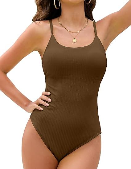 ZAFUL Women's One Piece Swimsuit Ribbed Open Back Bathing Suit Tummy Control Scoop Neck Adjustable Straps High Cut Swimwear Brown XL