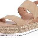 LAICIGO Women’s Open Toe Wedge Platform Espadrilles Ankle Strap Buckle Faux Leather Cork Rubber Summer Sandals, (Size 7-Khaki)
