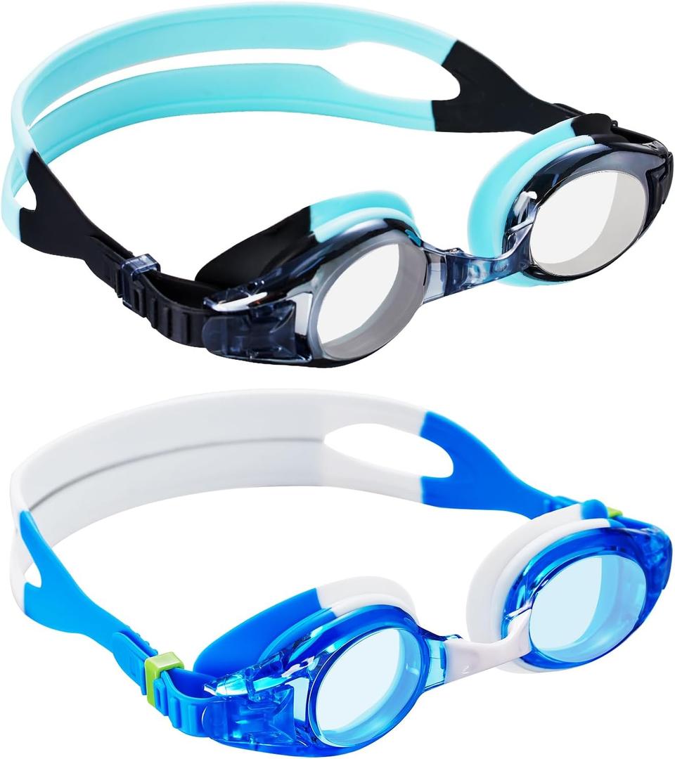Aegend 2 Pack Kids Goggles, Swimming Goggles for Kids Age 4-16 Boys and Girls Youth, Anti-Fog Waterproof Anti-UV Pool Goggles (White Blue & Blue Black)