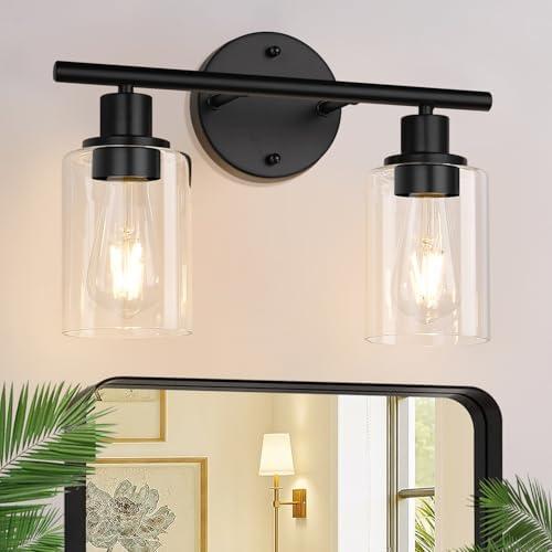 Zarbitta 2-Light Bathroom Light Fixtures, Black Modern Vanity Lights with Clear Glass Shade, Bathroom Wall Lamp for Mirror Kitchen Living Room Hallway Cabinet Porch