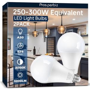 250-300W Equivalent LED Light Bulbs, 3000 Lumens Warm White 3000K 30W A30 LED Bulbs for Garage, Warehouse, Workshop, Commercial, Hotel, Backyard, E26 Base Light Bulb Non-Dimmable, 2-Pack