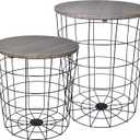 Elevon Nesting Table End Table Wire Basket Base with Wood Tops Side Table Set of 2, Gray (Grey)