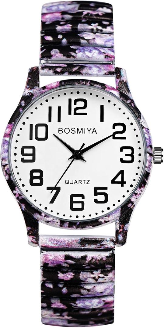 JewelryWe Elastic Watches for Women: Easy Read Analog Quartz Stretch Band Watch Floral Expansion Band Wristwatch for Valentine's Day