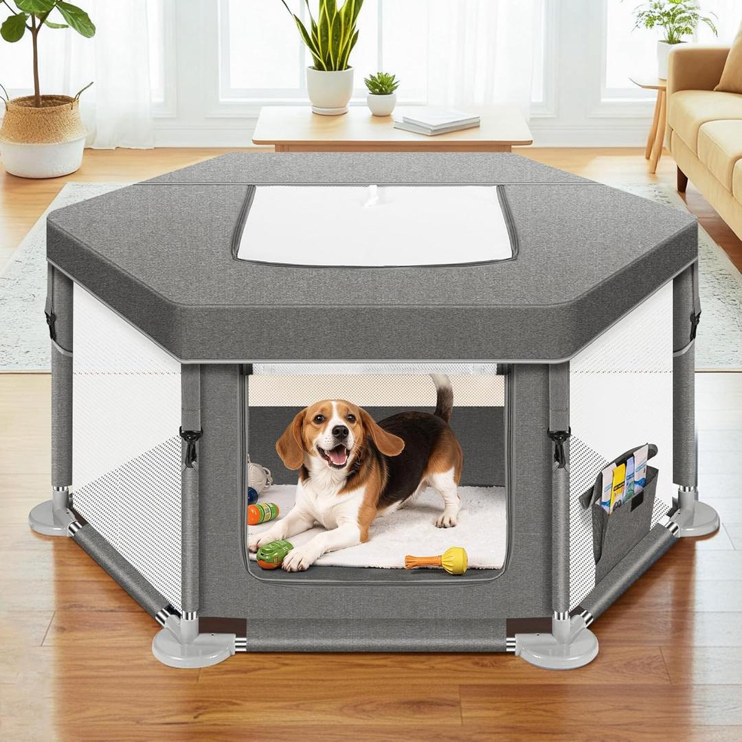Dog Play Pen Indoors, Puppy Playpen with Cover for Small Dogs & Cats, Puppy Playpen with Gate, Indoor & Outdoor Dog Fence with Thickened Fabric (Gray)