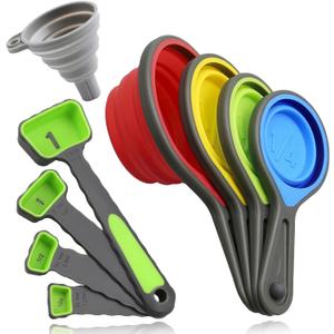 leepiya Measuring Cups and Spoons set, Collapsible Measuring Cups, 8 piece Measuring Tool Engraved Metric/US Markings for Liquid & Dry Measuring, Space Saving, BPA Free Silicone, Colorful (Green)