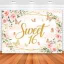 Avezano Sweet 16 Backdrop Blush Pink Flower Butterfly 16th Birthday Party Background for Girls Sweet 16 Birthday Banner Cake Table Cake Dessert Table Decorations (Pink, 7x5 ft)