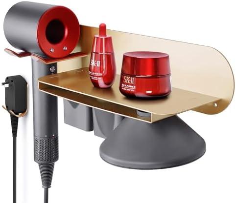 FLE Hair Dryer Holder Wall Mounted with Shelf - Hair Dryer Holder Rack Organizer Compatible for Dyson Supersonic Hair Dryer, Gold