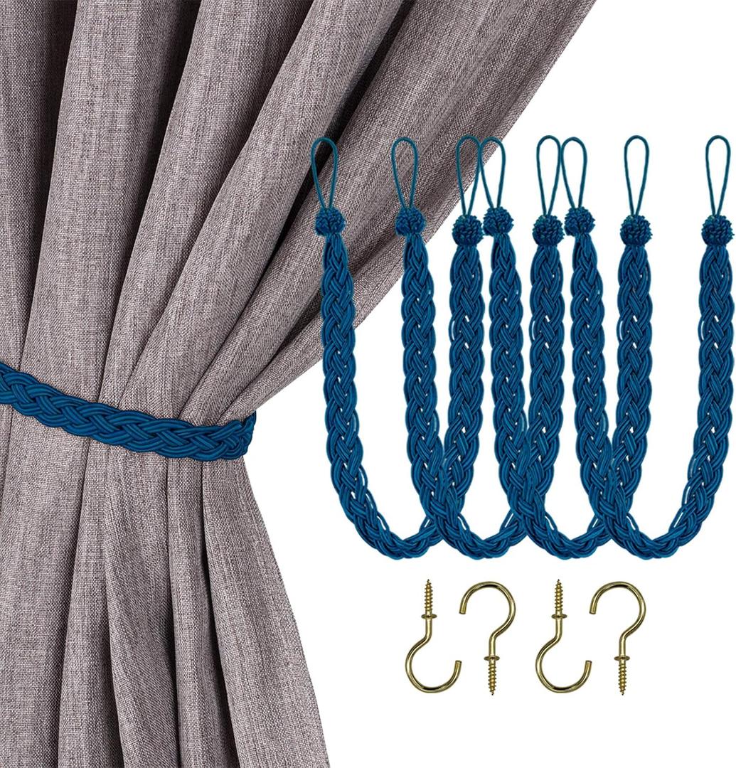 Home Queen Hand Braided Curtain Tieback, Buckle Drapery Curtain Tie Back, 4 Rope Belt Curtain Tie with 4 Metal Hooks, Navy