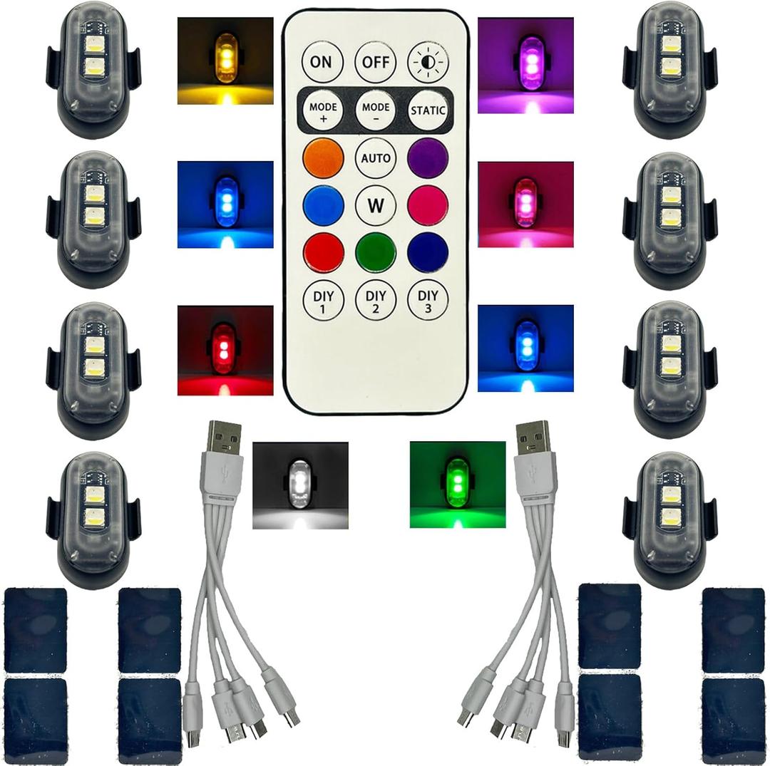8PCS Wireless LED Lights for Car with Remote Control, Wireless LED Strobe Lights 8 Colors USB Charging IP65 Waterproof Anti-Collision Warning Light for Car Truck Motorcycle Drone Bike Aircraft