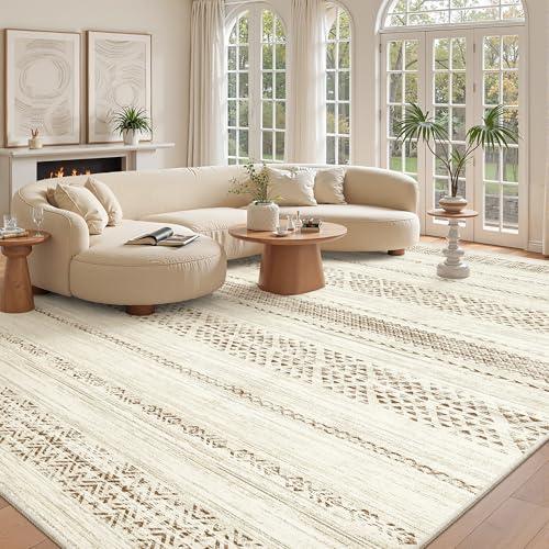 Miukiki 10x14 Area Rugs for Living Room Moroccan Washable Rugs Non Slip Indoor Floor Carpet Foldable Large Soft Area Rug with Low Pile for Dining Room Bedroom Office(Brown,10'x14')