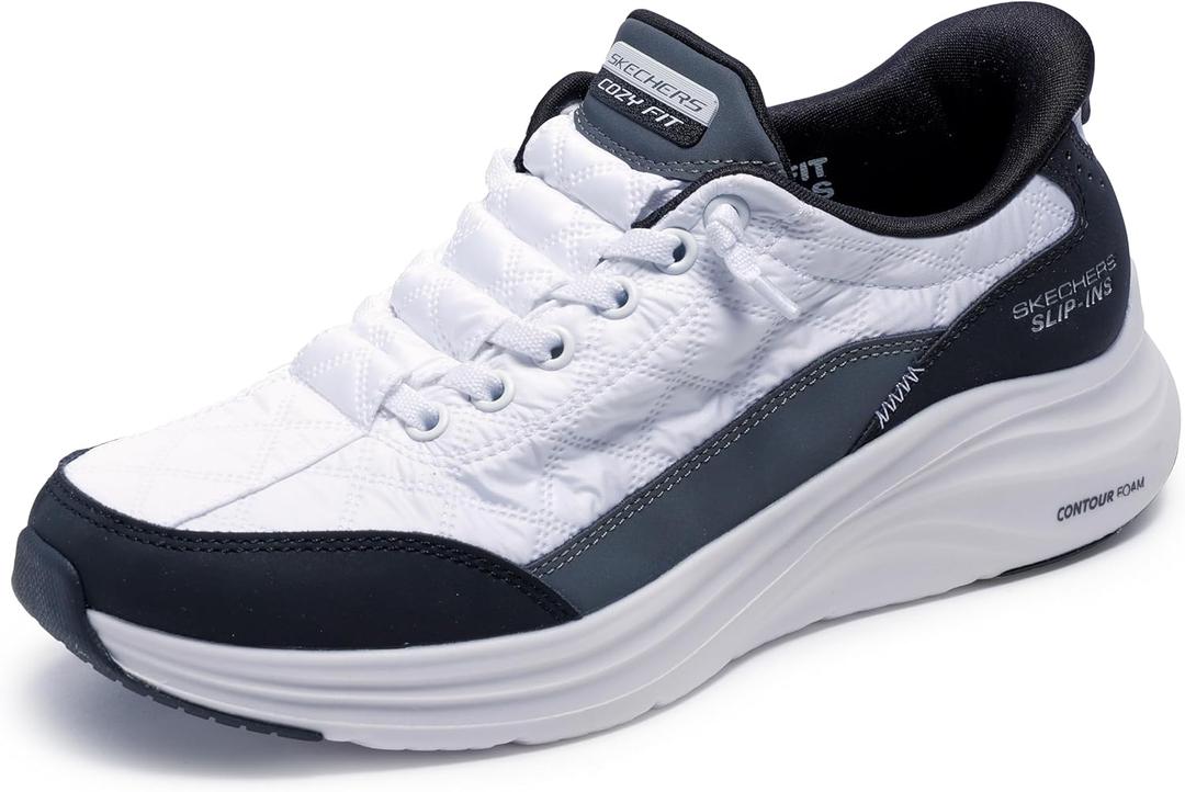Skechers Women's Contour Foam Cozy Fit Hands Free Slip-ins Sneaker (7, White/Black)