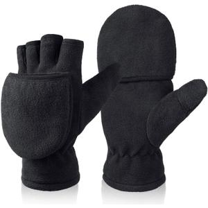 Winter Convertible Gloves Flip Top Mittens Warm Polar Fleece for Winter Running Texting Photographing for Men Women (Large, Black)