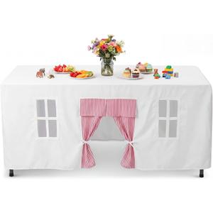 Oudain 10ft x 7.5ft Large Tablecloth Playhouse for Kid Table Fort Cover Table Cloth Tent Playhouse for Dining Room Birthday Indoor Outdoor Party Playground (White Pink Colors, Striped Style)