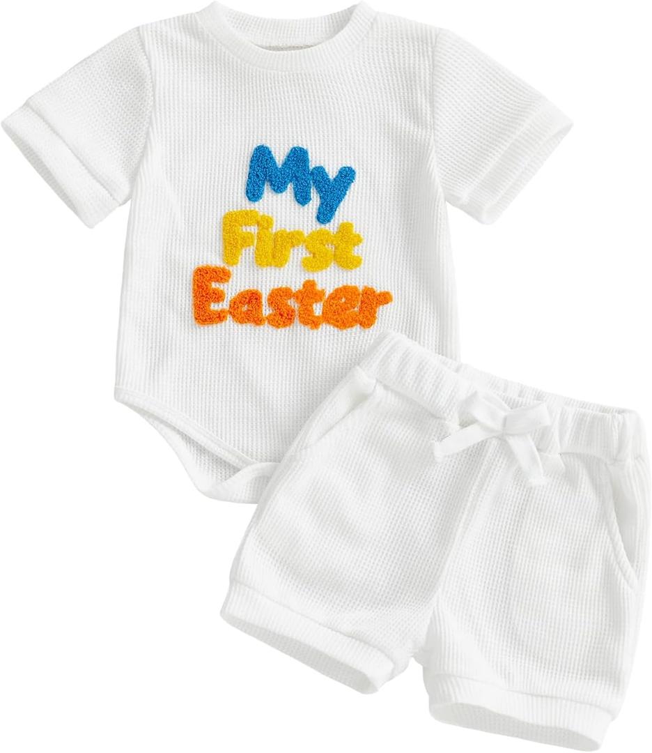 Douhoow My First Easter Baby Boy Outfit Embroidered Short Sleeve Baby Romper Boys Shorts Infant Summer Clothes