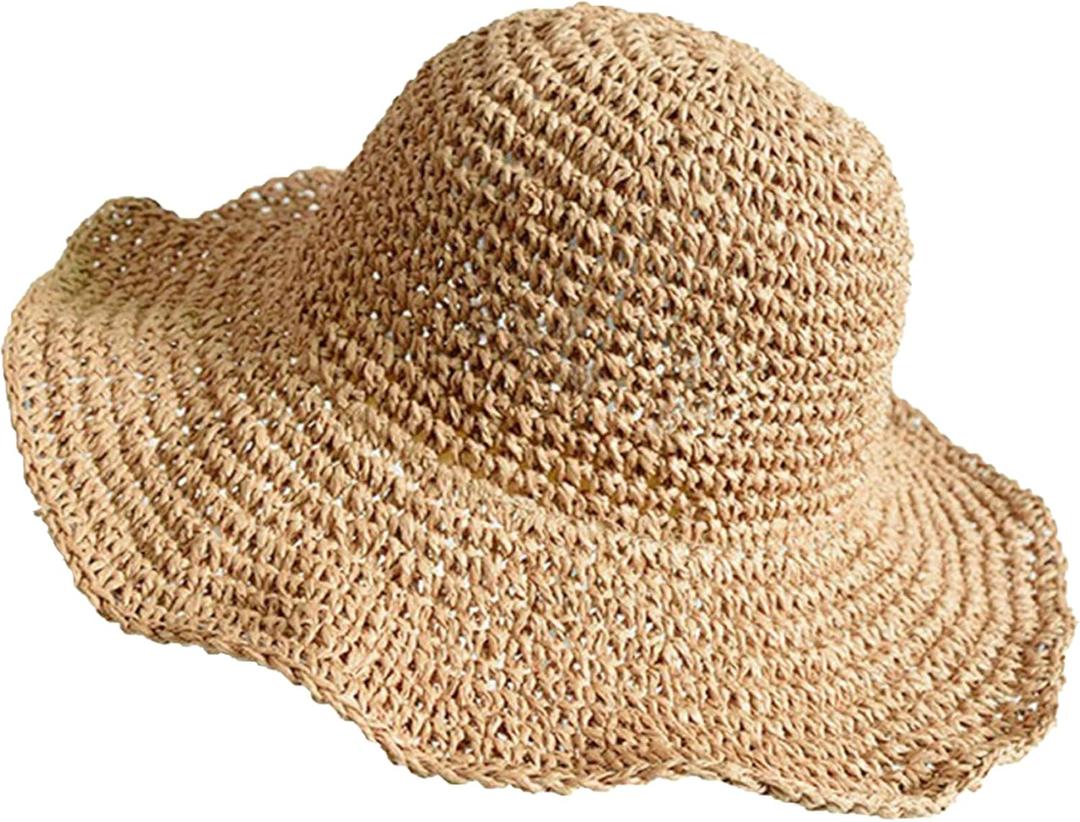 Sun Hats for Women, Oversize Large Straw Bucket Hat for Beach Summer Vacation Wide Brim Handmade Packable Travel UPF 50+ (Khaki)