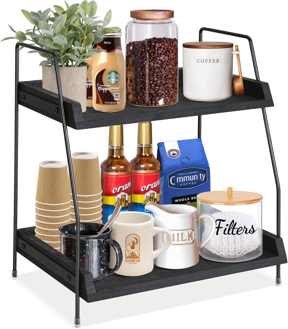 Yusepure Coffee Bar Accessories and Organizer Countertop, Coffee Station Organizer Kitchen Counter Shelf Organizer,Coffee Condiment Storage,Cup Lid Holder Countertop Shelf for Bathroom (Black)