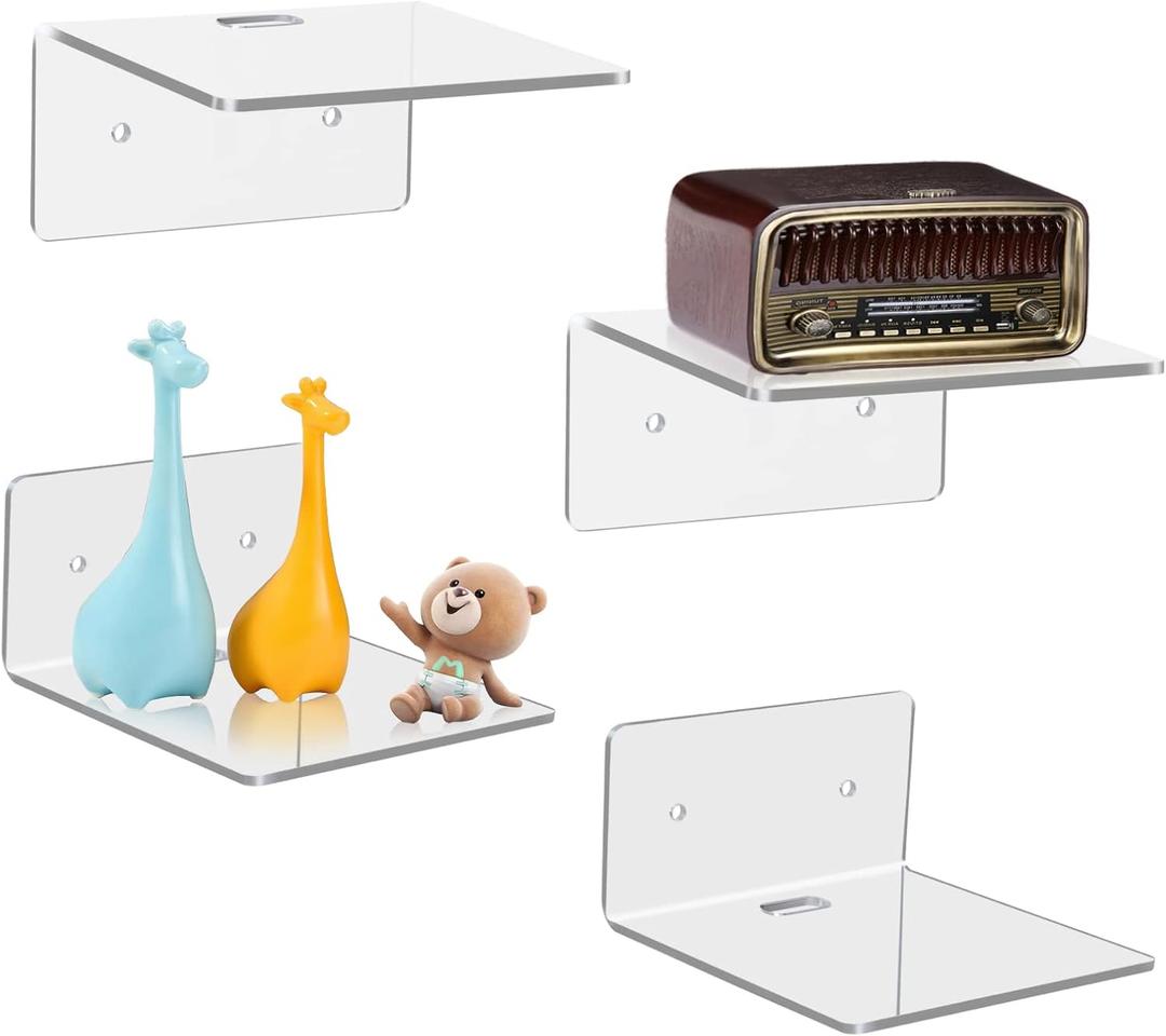 4 Pack Small Wall Shelf, 4'' Acrylic Wall Shelves Display Ledges for Storage & Decoration, Small Floating Shelf for Wall with 2 Types of Installation (Adhesive or Screw) (Clear)