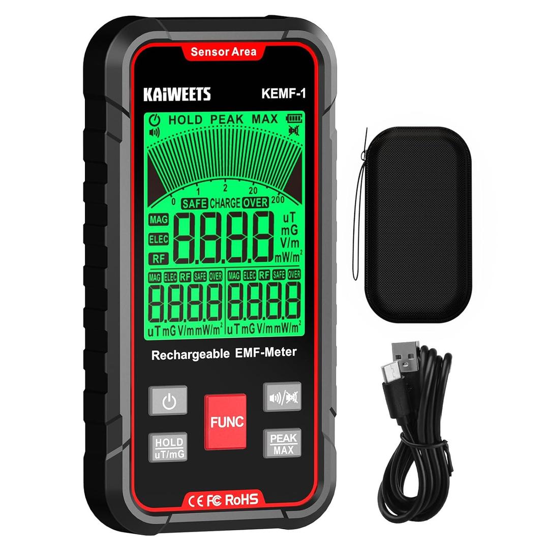 KAIWEETS EMF Detector, 3-in-1 Handheld EMF Meter Detects EF, RF, MF, WiFi Signal, Rechargeable Radiation Detector with 3 Color Backlight and Sound Alarm, Suitable for Home, Office, Ghost Hunting