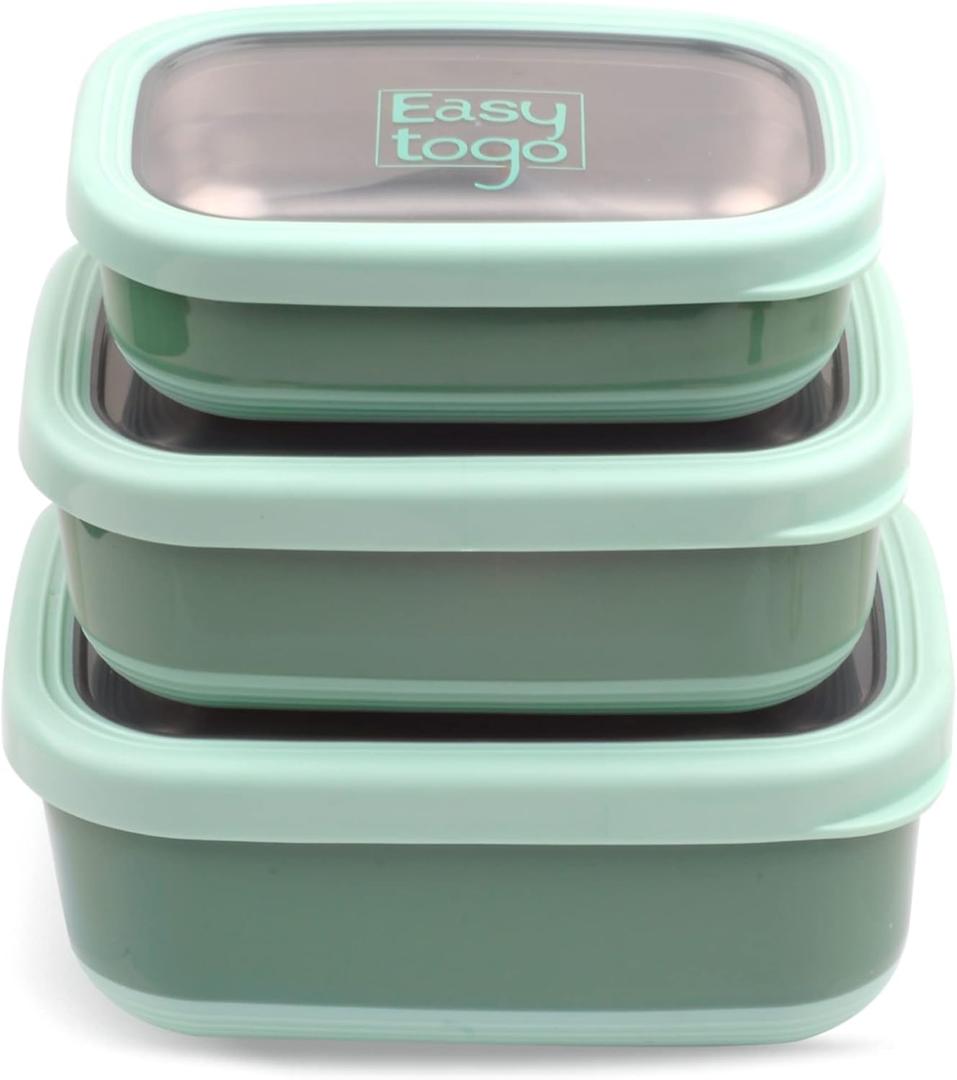 3 Pack Stainless Steel Food Containers with Silicon Lid & Non-Slip Exterior, LeakProof, Airtight Rectangular Portion Control Storage Lunch Box, Togo Lunch Containers for Adults - Green