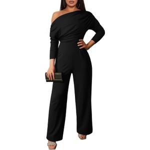 YMDUCH Women's Fall Elegant Long Sleeve Off Shoulder Wide Leg Long Pant Jumpsuits (Large, Black)