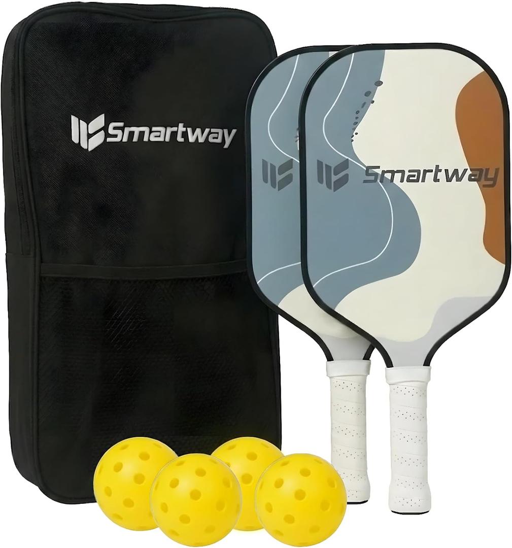Smartway USAPA Approved Pickleball Paddles Set - Included 2 Lightweight & Slip Resistant Fiberglass Pickle Ball Rackets + 4 Balls + 1 Portable Carry Bag, Pickle Ball Set for Men Women Beginners (Cow Print)