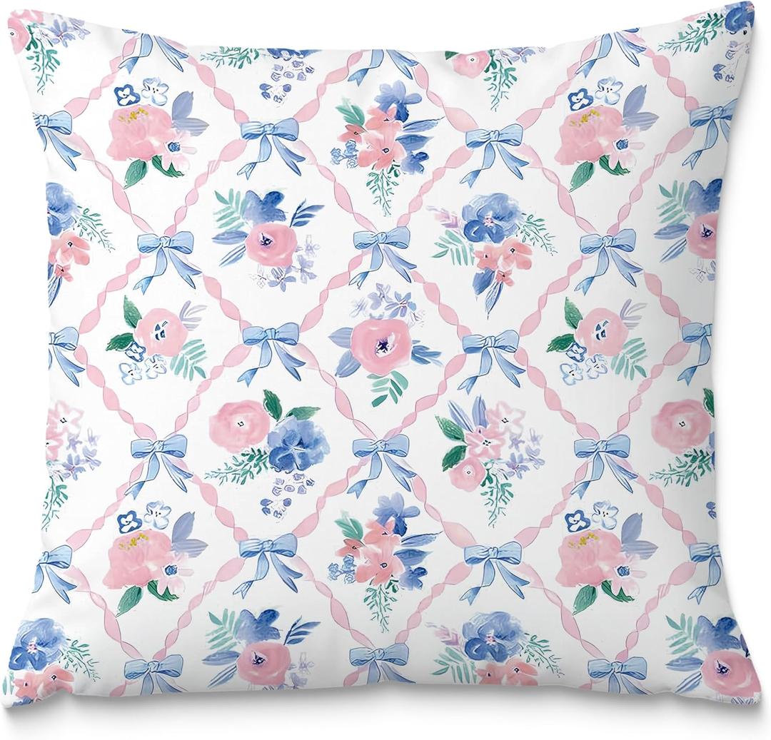 2 x Coquette Bow Pillow Covers 18x18, Coquette Room Decor, Preppy Pink and Blue Floral Pillow Covers, Preppy Room Decor, Girly Bedroom Decor, Coquette Stuff, Bow Room Decor