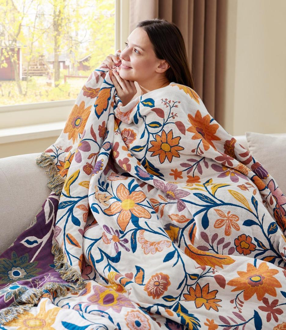 100% Cotton Boho Throw Blanket for Home Decor Classic Farmhouse Quilt Bedding, Muslin Blankets for Adults, Vintage Woven Decorative Blanket for Couch, Bed Layering Use, Botanic Floral, 50"x60"
