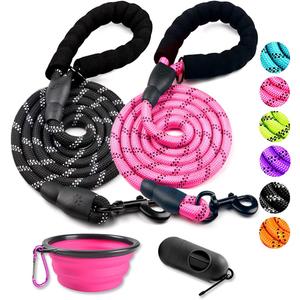 COOYOO 2 Pack Dog Leash 6 FT Heavy Duty - Comfortable Padded Handle - Reflective Dog Leash for Medium Large Dogs with Collapsible Pet Bowl Set 1-Black+Pink
