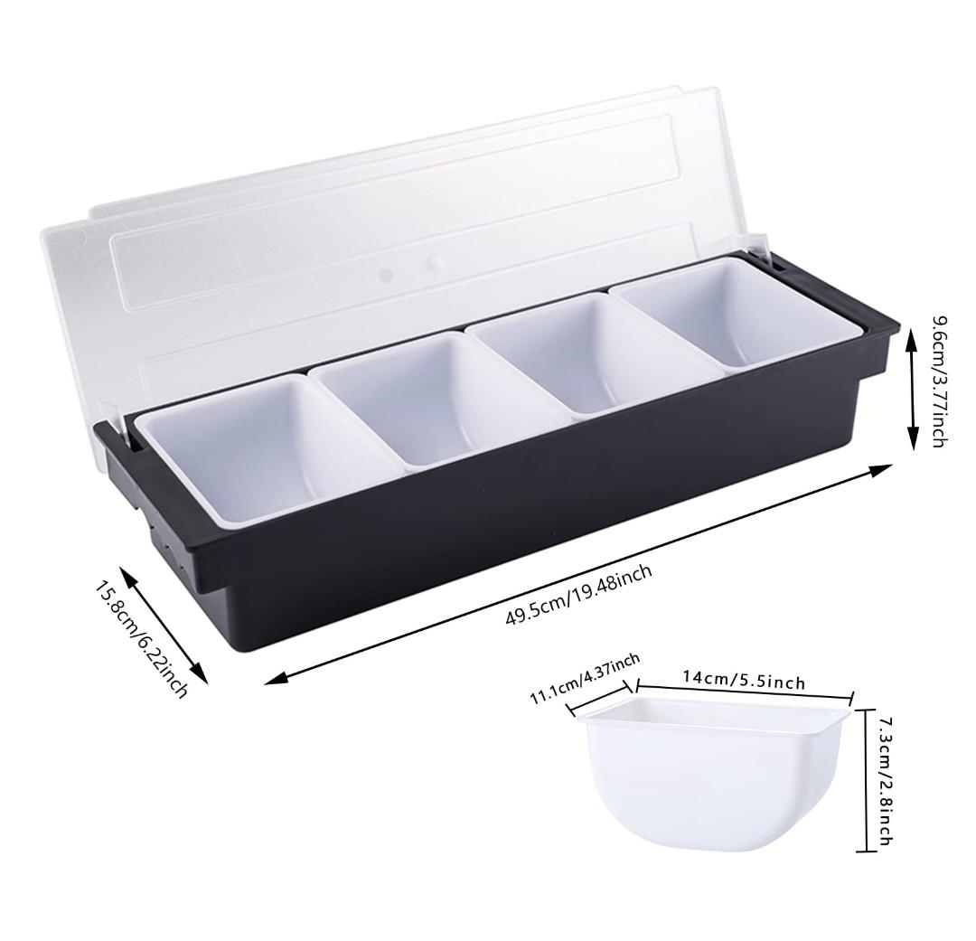 FEOOWV 4-Compartment Condiment Server Caddy Container with Lid, Serving Tray for Fruit,Candy, Dips, Bar Restaurant Supplies,Garnish Organizer Box (1, 4 Compartment)