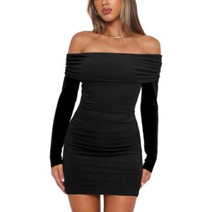 OWIN Women's Fall Off The Shoulder Ruched Bodycon Mini Dress Long Sleeve Ribbed Knit Fitted Club Party Dresses (X-Large, Black)