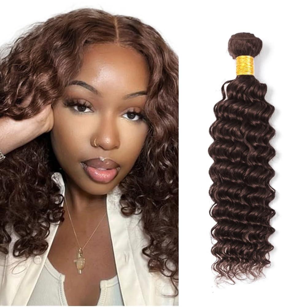 #4 Bundles Human Hair Brown Deep Wave Bundles 12 inch WuvuSnm Brown Bundle Human Hair #4 Wet and Wavy Bundle, 12, Brown-#4DP