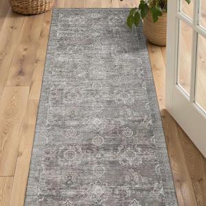 Area Rugs 2,5 x 8 for Living Room Bedroom, Grey Washable Rug, Vintage Retro Boho Rug, Non Slip & Low Pile Faux Wool Thin Carpet for Indoor Dining Room, Dorm and Kids Room(Taupe/Grey, 2, 5 x 8