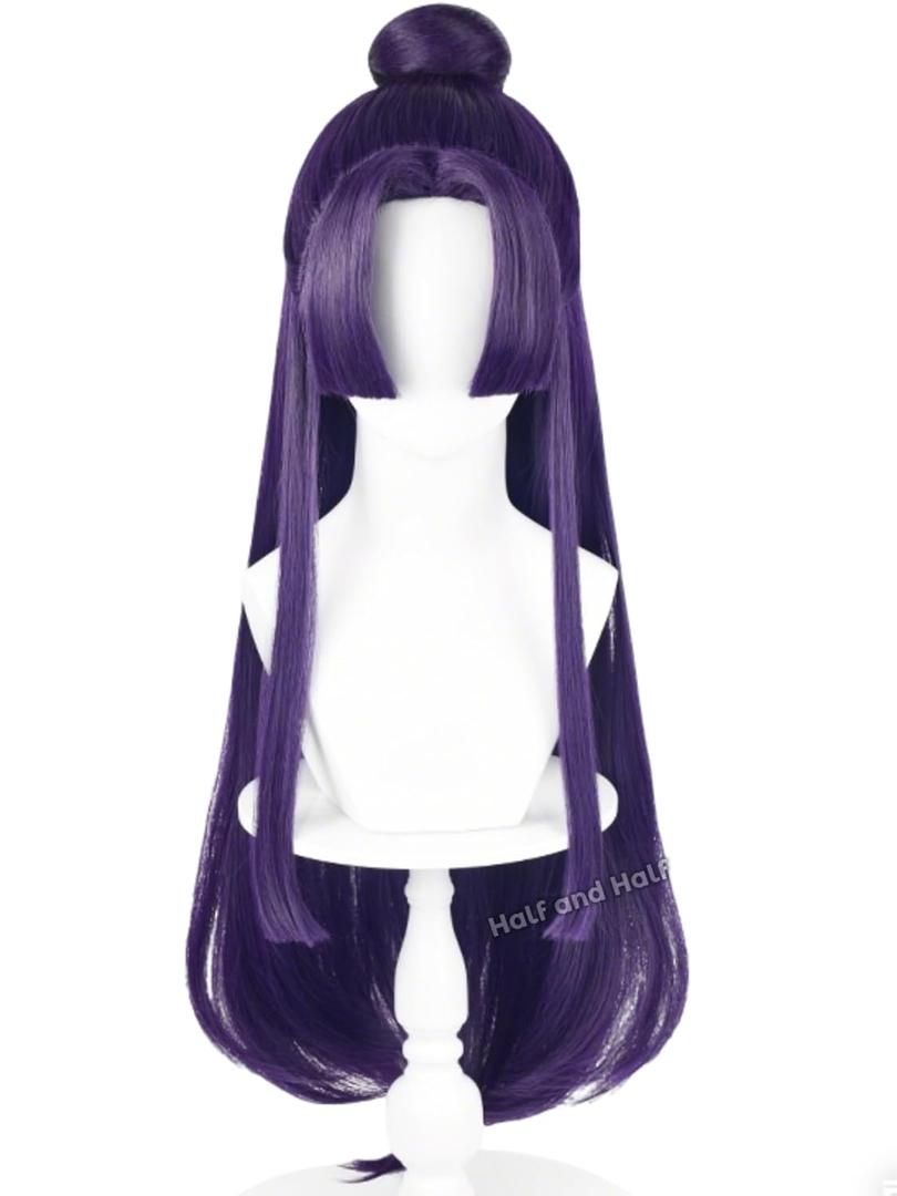 Half and Half Jinshi Cosplay Wig Long Straight Anime Dark Purple Wigs with Bangs & Bun 33'' Purple Costume Wigs Synthetic Hair for Unisex Halloween Costumes Party