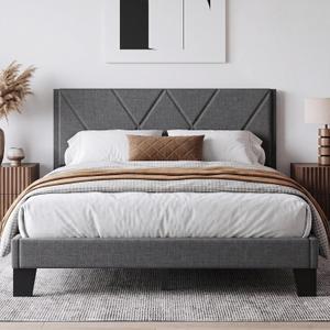Queen Platform Bed Frame with Upholstered Wood Headboard, Gray Heavy Duty Slats Support, Noise Free, Easy Assembly, No Box Spring , Grey, 81.6"L x 60.3"W x 36.2"H