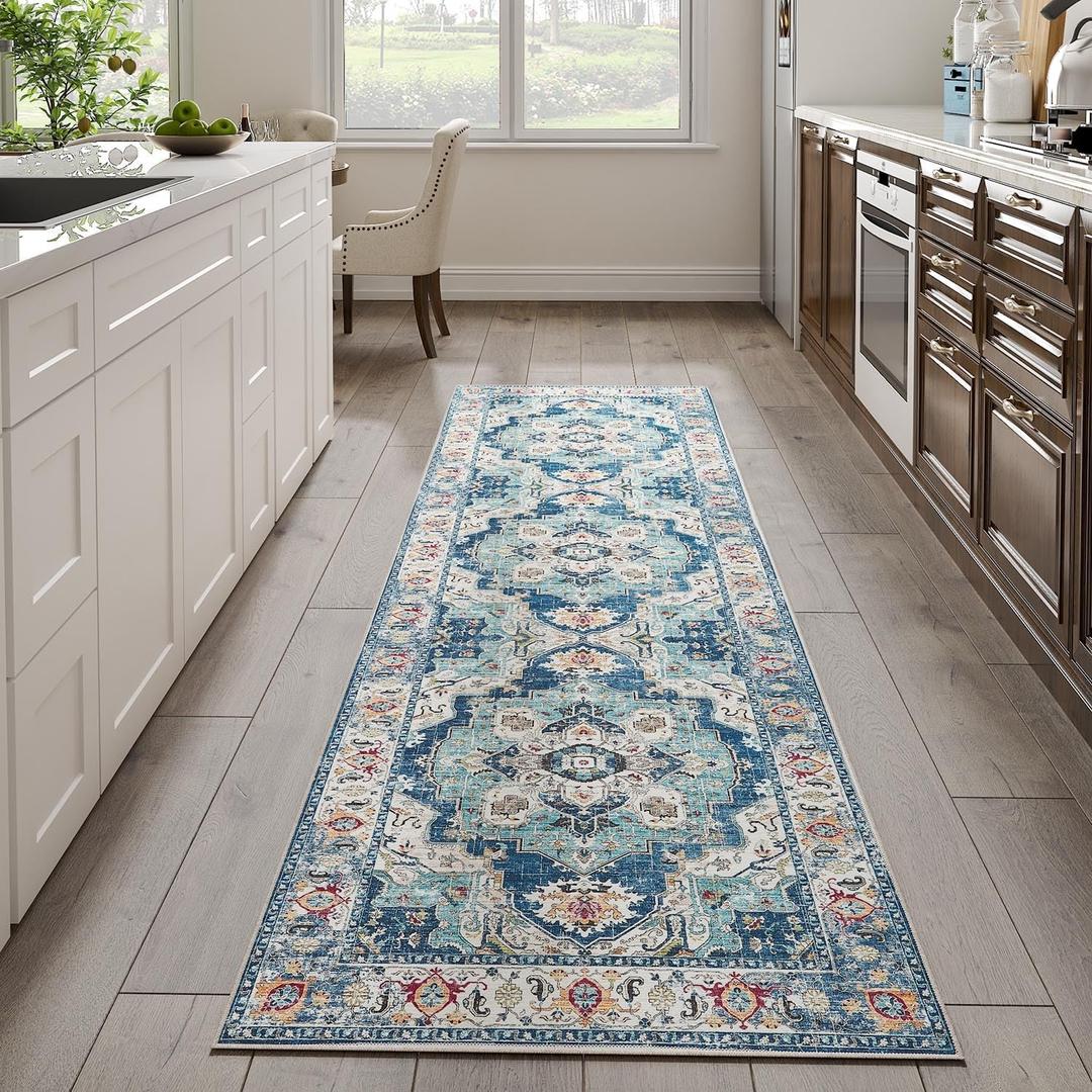 jinchan Runner Rug 2x8 Washable Hallway Rug Vintage Traditional Floor Cover Thin Navy Blue Multi Distressed Floral Indoor Mat for Kitchen Bathroom Bedroom Living Room