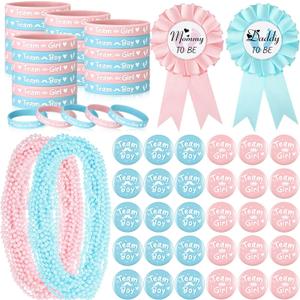 Hungdao 92 Pieces Gender Reveal Party Favors 30 Button Pins 30 Silicone Gender Reveal Bracelets 30 Pink Blue Bead Necklaces 2 Badge Pin for Party Supplies(Footprint)