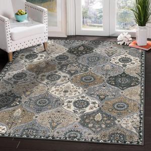 Lahome Moroccan Machine Washable Area Rugs, 4x6 Rug for Living Room Bedroom, Soft Non-Slip Rug Vintage Trellis Ultra-Thin Throw Carpet for Dining Room Office Elise, Grey