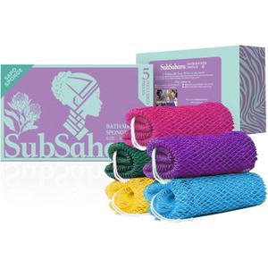 SubSahara Authentic African Net Sponge - 5 Pack Exfoliating Bath & Shower Loofah Sponge for Body & Face, Gentle Scrubber for All Skin Types, Travel, Durable (Purple,Blue,Red,Green,Yellow)